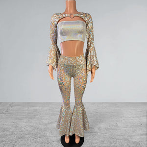 High Waisted Bell Bottom Flares - Sheer Holographic Triangle Mesh