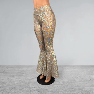 High Waisted Bell Bottom Flares - Sheer Holographic Triangle Mesh