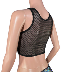 Sheer Top Mesh Censor Crop Tank - Black Vixen Mesh w/ Black Matte Metallic