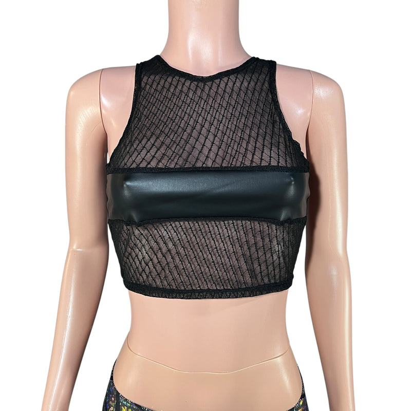 Sheer Top Mesh Censor Crop Tank - Black Vixen Mesh w/ Black Matte Metallic