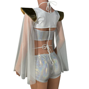 Bowie Sleeve Bolero Top - White & Gold Metallic with Mesh