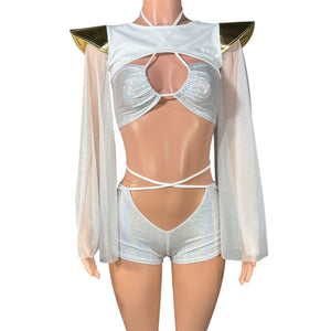 Bowie Sleeve Bolero Top - White & Gold Metallic with Mesh