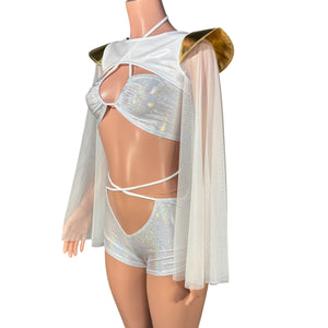 Bowie Sleeve Bolero Top - White & Gold Metallic with Mesh