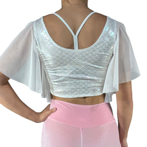 Flutter Sleeve Top Iridescent Mermaid Scale | Mesh Sleeve Ruffle Shirt - Peridot Clothing