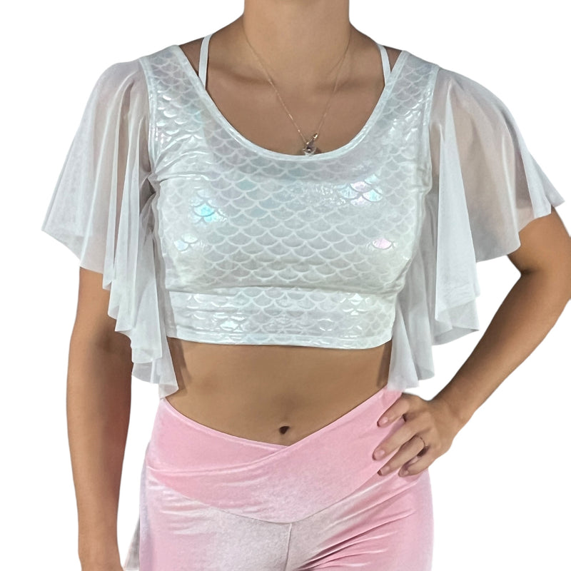 Flutter Sleeve Top Iridescent Mermaid Scale | Mesh Sleeve Ruffle Shirt - Peridot Clothing
