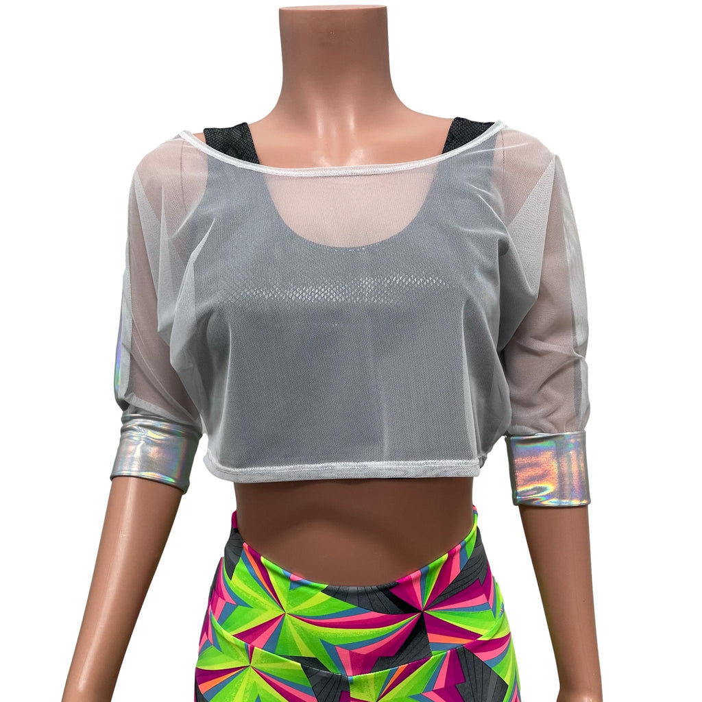 SALE - Dolman Crop Top in Opal Holographic and White Mesh | Loose Tee Rave Top