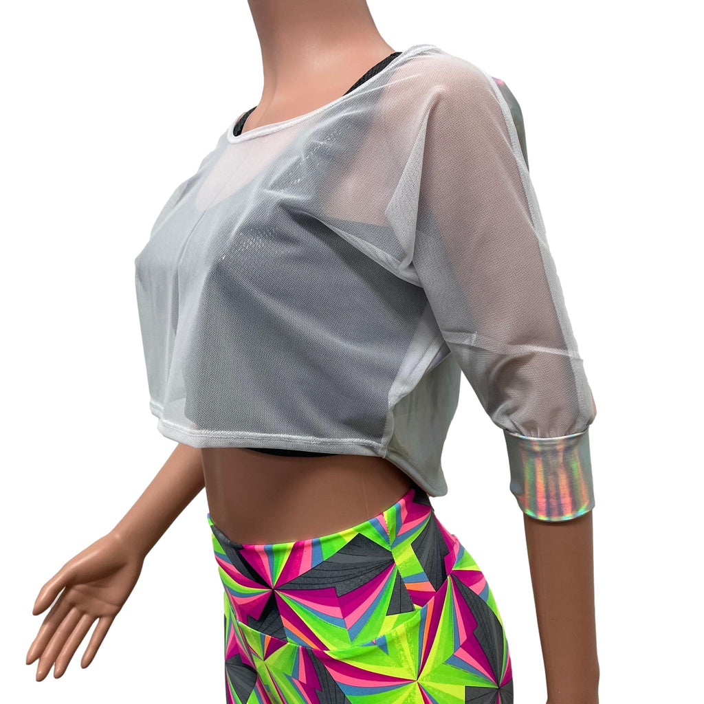 SALE - Dolman Crop Top in Opal Holographic and White Mesh | Loose Tee Rave Top