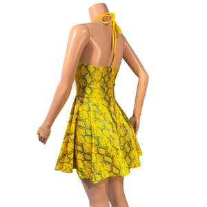 Halter Skater fit n flare X-String Dress in Yellow Snakeskin