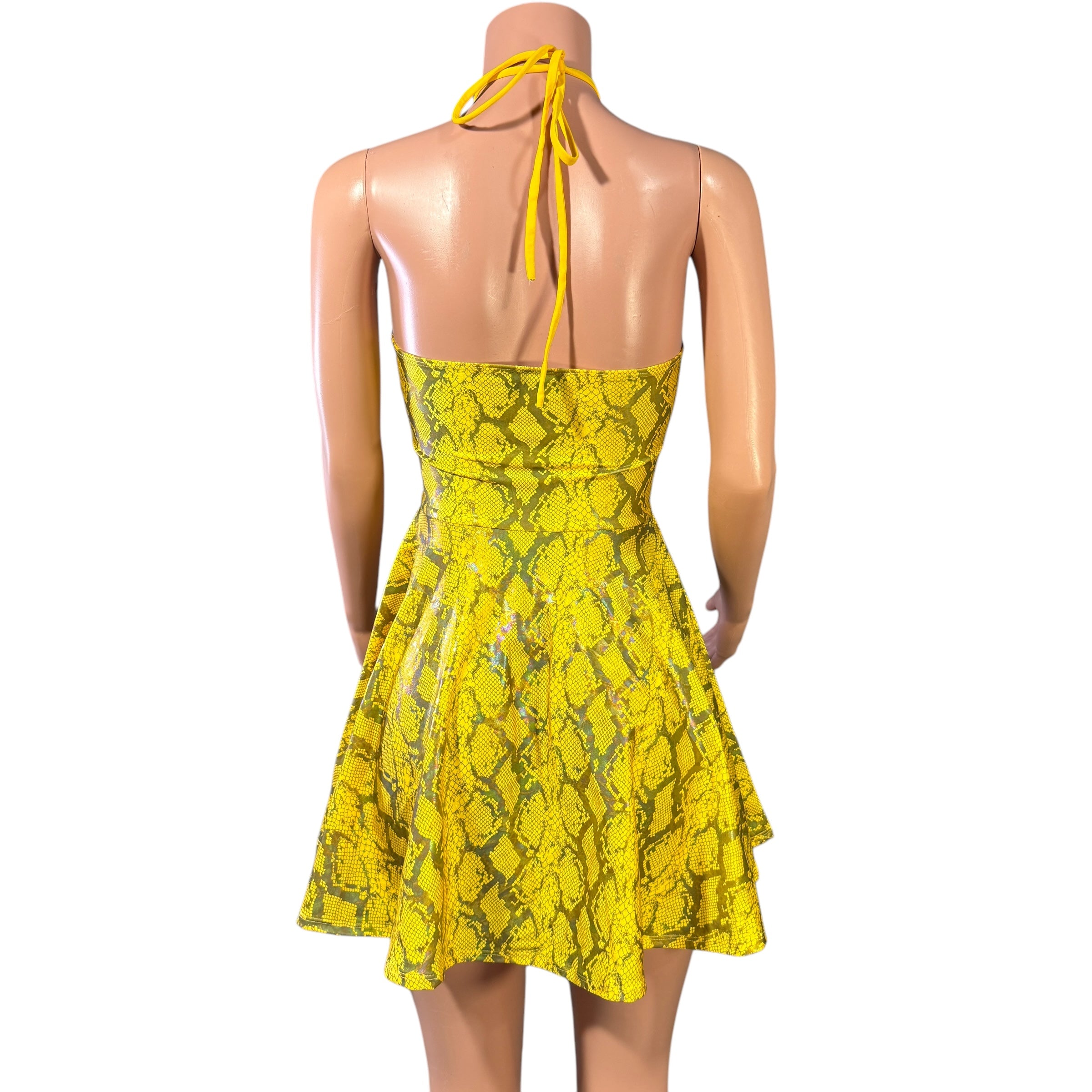 Halter Skater fit n flare X-String Dress in Yellow Snakeskin Medium Halter Skater fit n flare X-String Dress in Yellow Snakeskin Medium
