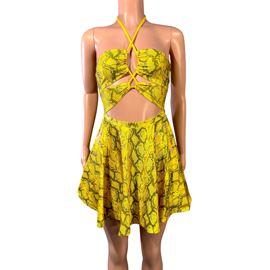 Halter Skater fit n flare X-String Dress in Yellow Snakeskin