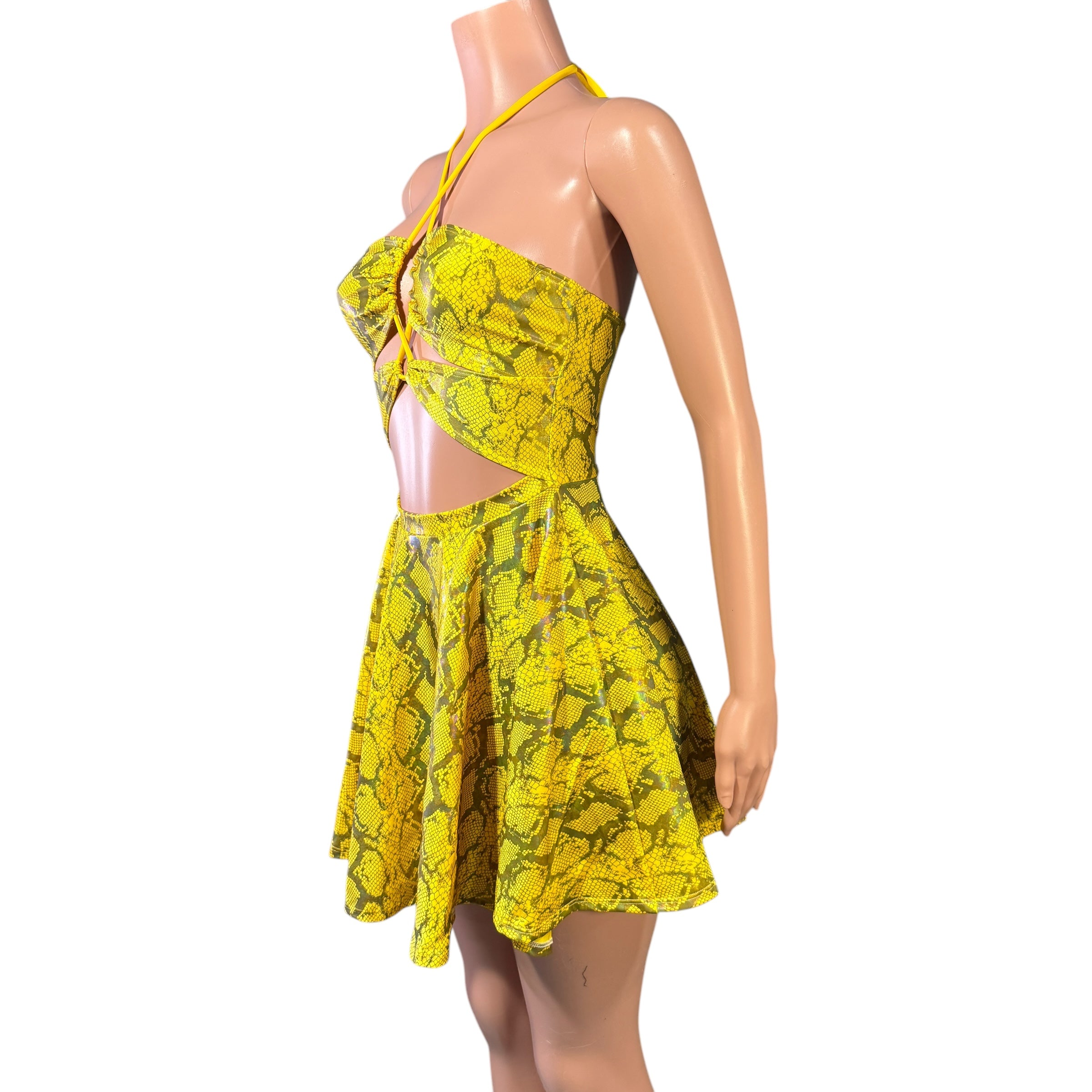 Halter Skater fit n flare X-String Dress in Yellow Snakeskin Medium