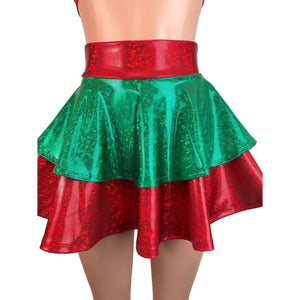 2-Layer Skater Skirt - Elf Holographic Shattered Glass Red and Green - Peridot Clothing