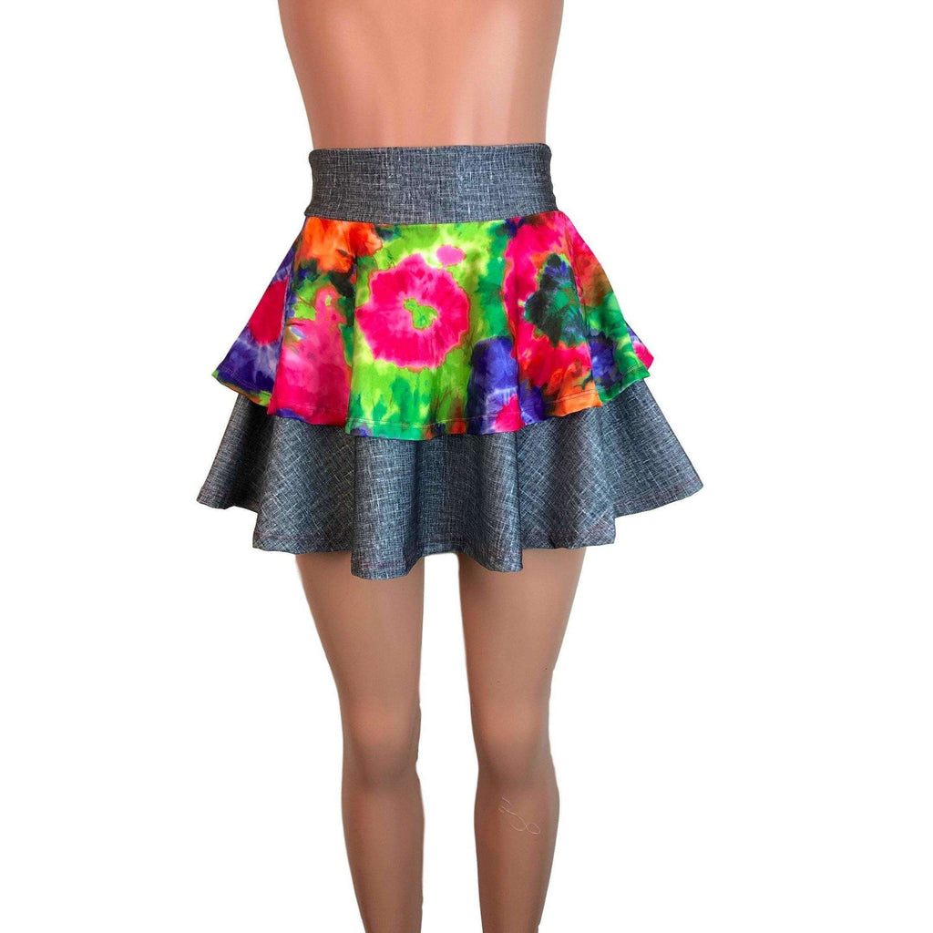 2-Layer Skater Skirt - Tie Dye Groovy w/ Linen Print - Peridot Clothing