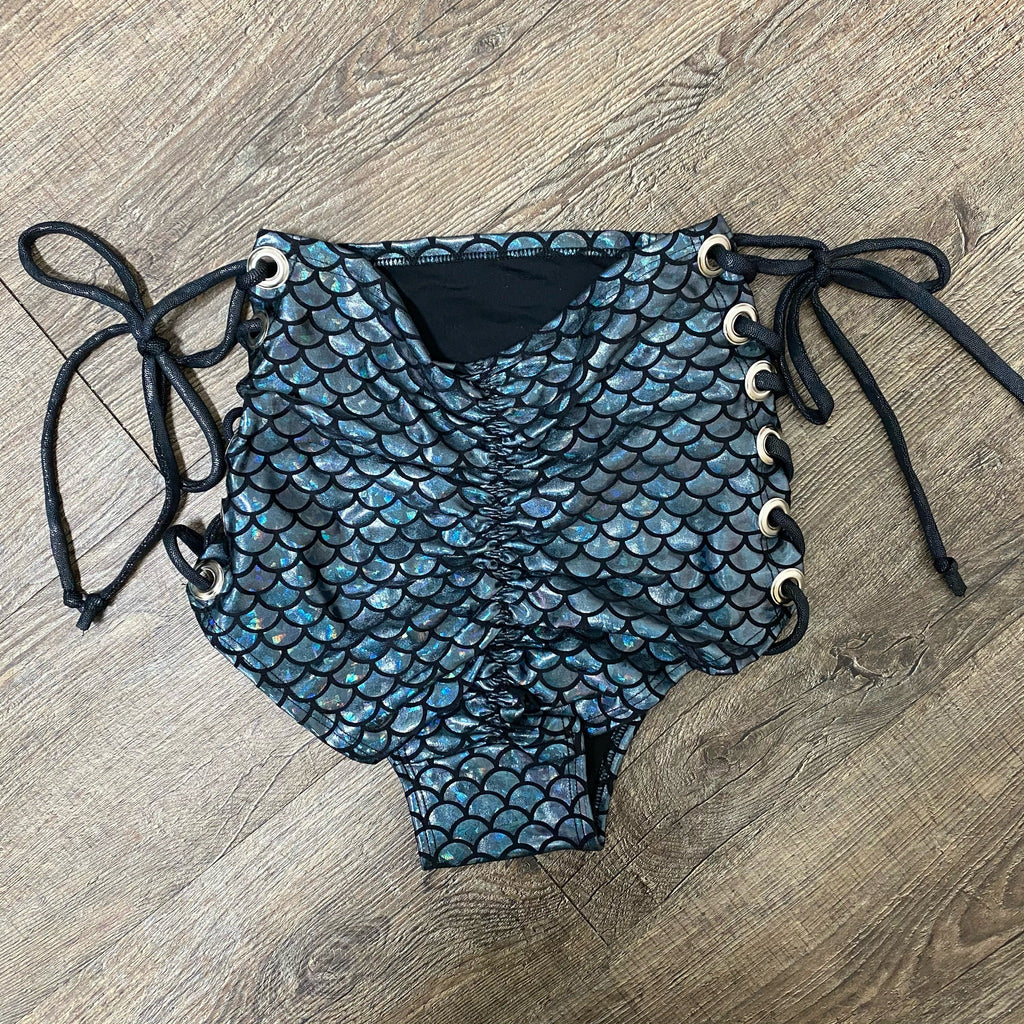 SALE - XS Lace-Up High Waist Scrunch Bikini - Black Mermaid - Peridot Clothing