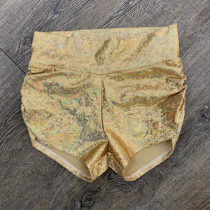 SALE - Gold Holographic MID-Rise Ruched Booty Shorts, XS or SMALL - Peridot Clothing