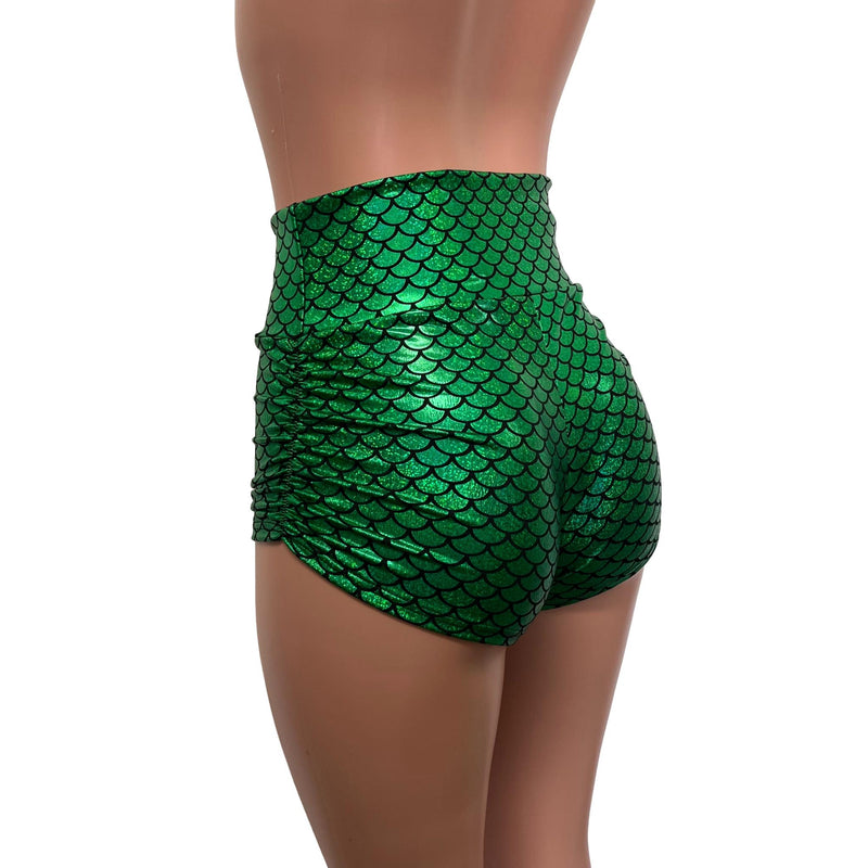 Green Mermaid Scale Sparkle Holographic Ruched Booty Shorts - Peridot Clothing