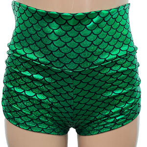 Green Mermaid Scale Sparkle Holographic Ruched Booty Shorts - Peridot Clothing