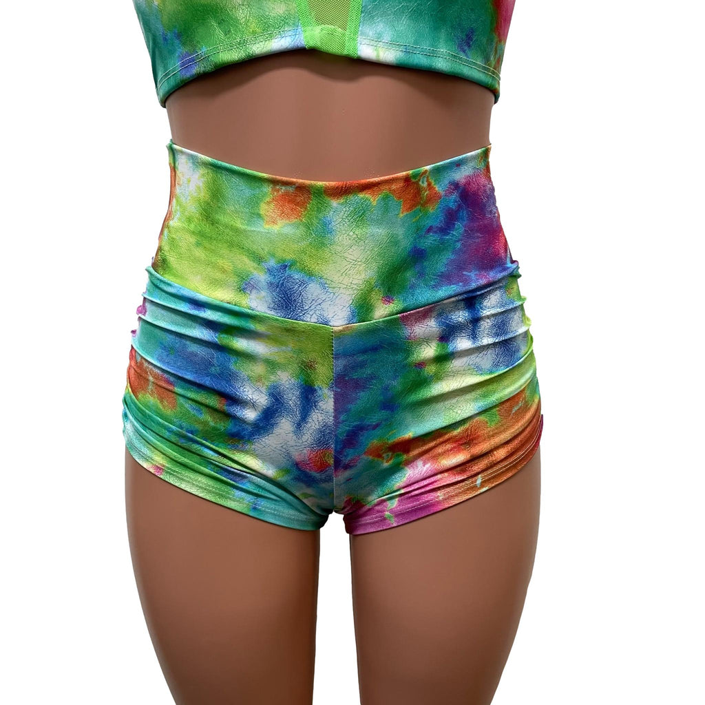 Watercolor Rainbow Ruched Booty Shorts - Peridot Clothing