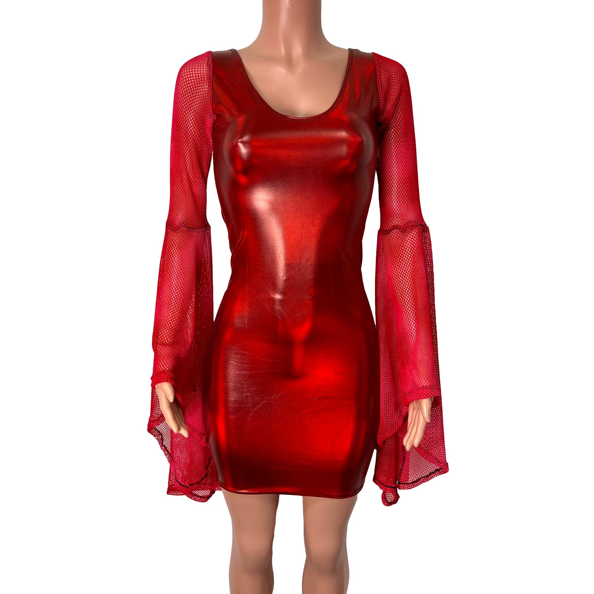 Bell Sleeve Bodycon Dress in Red Holo Spandex w/ Red Fishnet Sleeves XLarge Bell Sleeve Bodycon Dress in Red Holo Spandex w/ Red Fishnet Sleeves XLarge