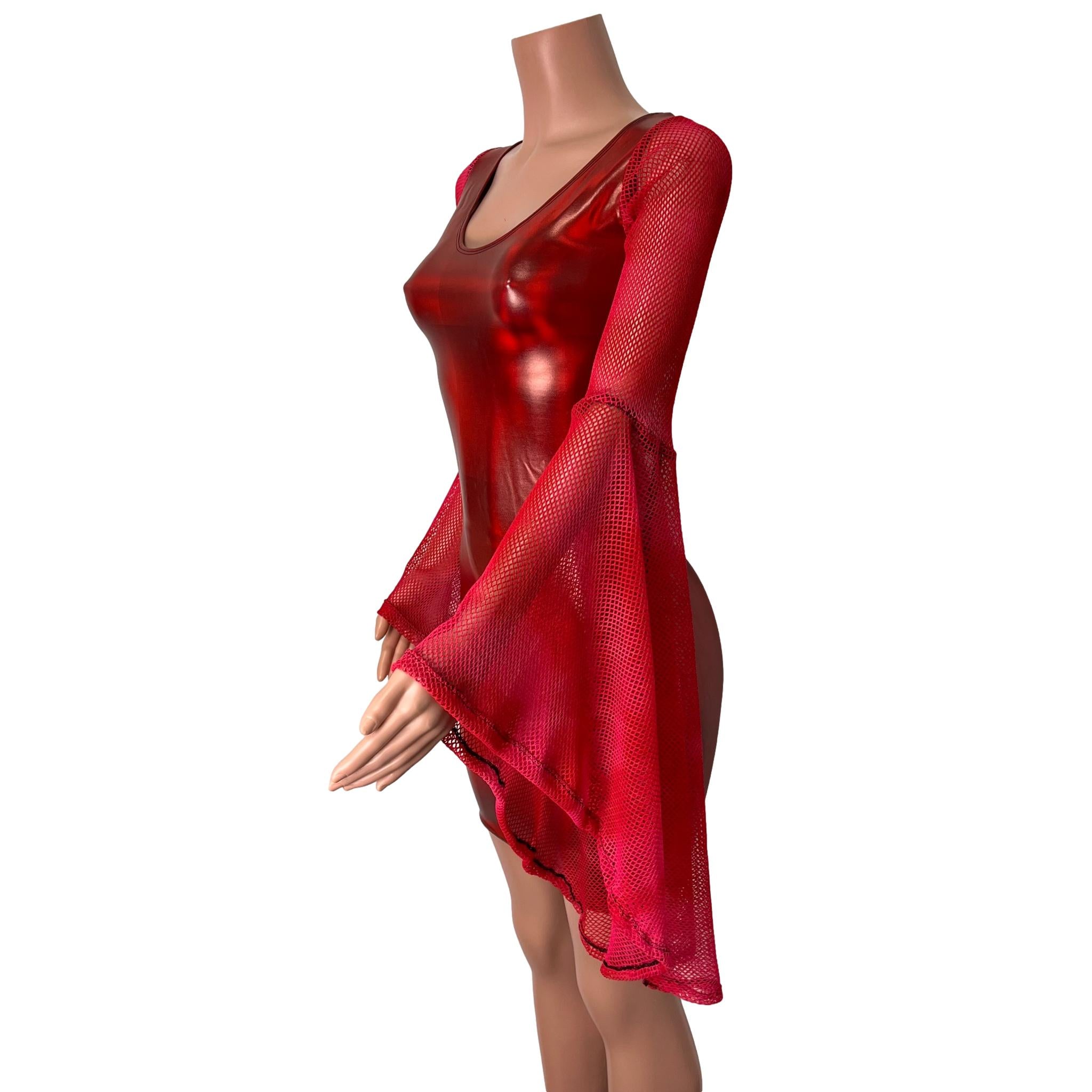 Bell Sleeve Bodycon Dress in Red Holo Spandex w/ Red Fishnet Sleeves XLarge Bell Sleeve Bodycon Dress in Red Holo Spandex w/ Red Fishnet Sleeves XLarge