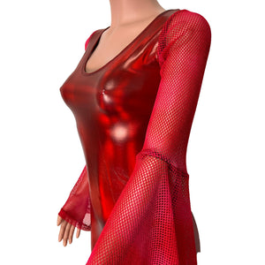 Bell Sleeve Bodycon Dress in Red Holo Spandex w/ Red Fishnet Sleeves - Peridot Clothing