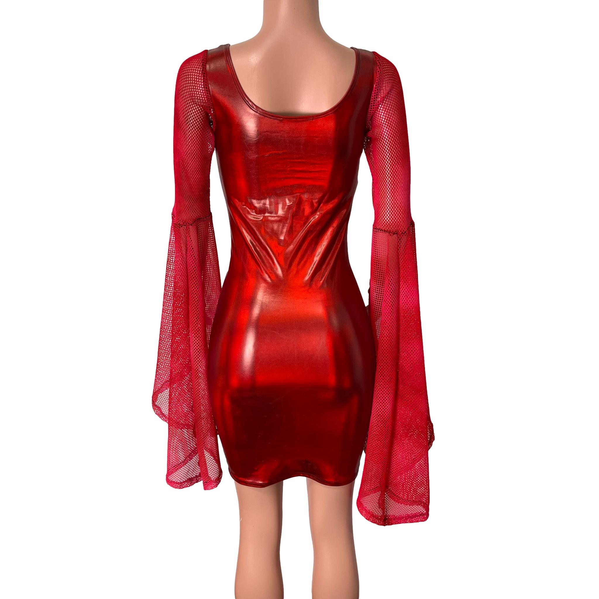 Bell Sleeve Bodycon Dress in Red Holo Spandex w/ Red Fishnet Sleeves XLarge Bell Sleeve Bodycon Dress in Red Holo Spandex w/ Red Fishnet Sleeves XLarge