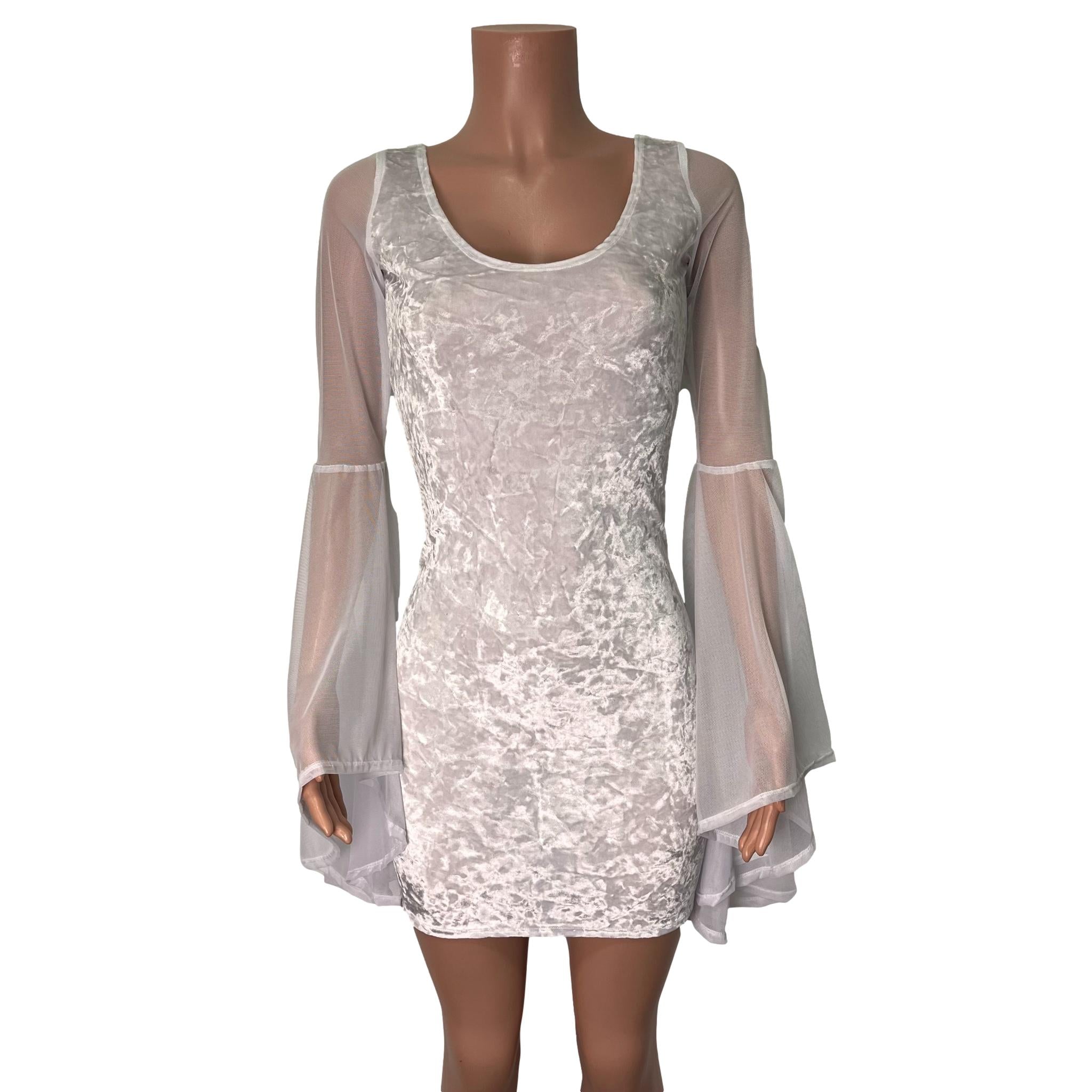 Bell Sleeve Bodycon Dress in White Crushed Velvet w/ White Mesh Sleeves Large Bell Sleeve Bodycon Dress in White Crushed Velvet w/ White Mesh Sleeves Large