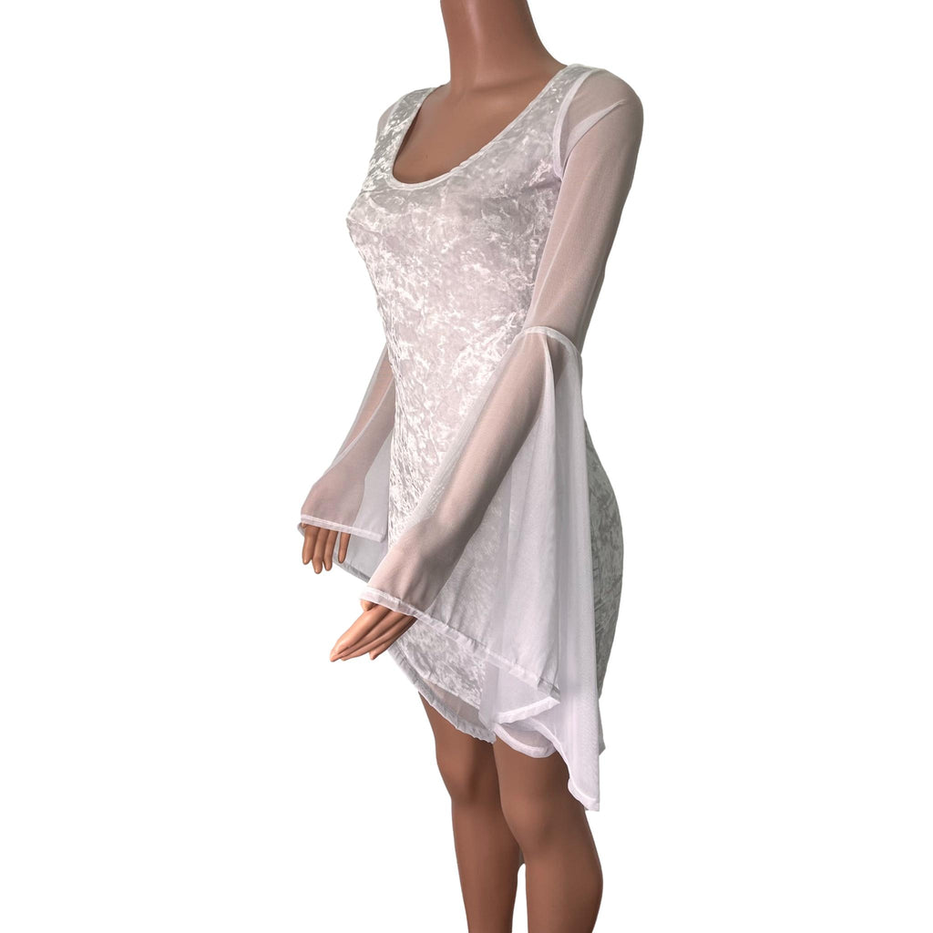 Bell Sleeve Bodycon Dress in White Crushed Velvet w/ White Mesh Sleeves - Peridot Clothing