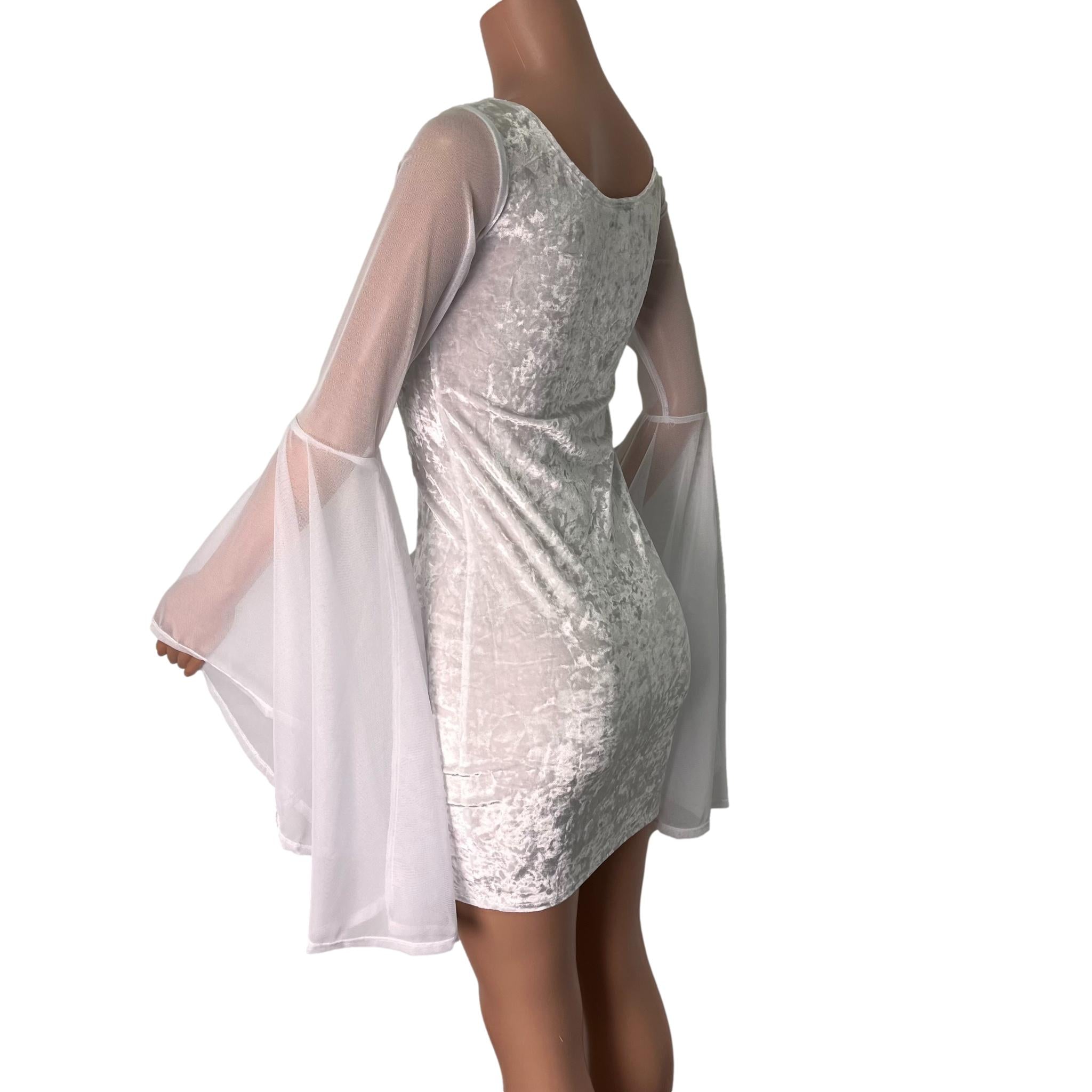 Bell Sleeve Bodycon Dress in White Crushed Velvet w/ White Mesh Sleeves Large Bell Sleeve Bodycon Dress in White Crushed Velvet w/ White Mesh Sleeves Large