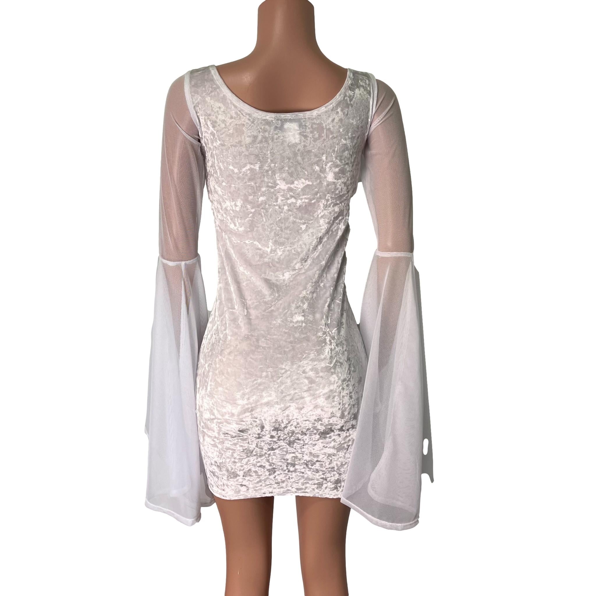 Bell Sleeve Bodycon Dress in White Crushed Velvet w/ White Mesh Sleeves Large Bell Sleeve Bodycon Dress in White Crushed Velvet w/ White Mesh Sleeves Large
