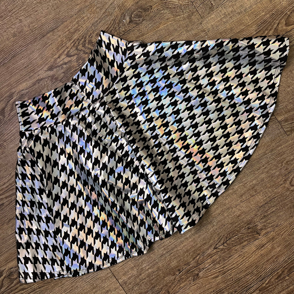 SALE - Skater Skirt - Houndstooth Holographic Silver/Black - Peridot Clothing