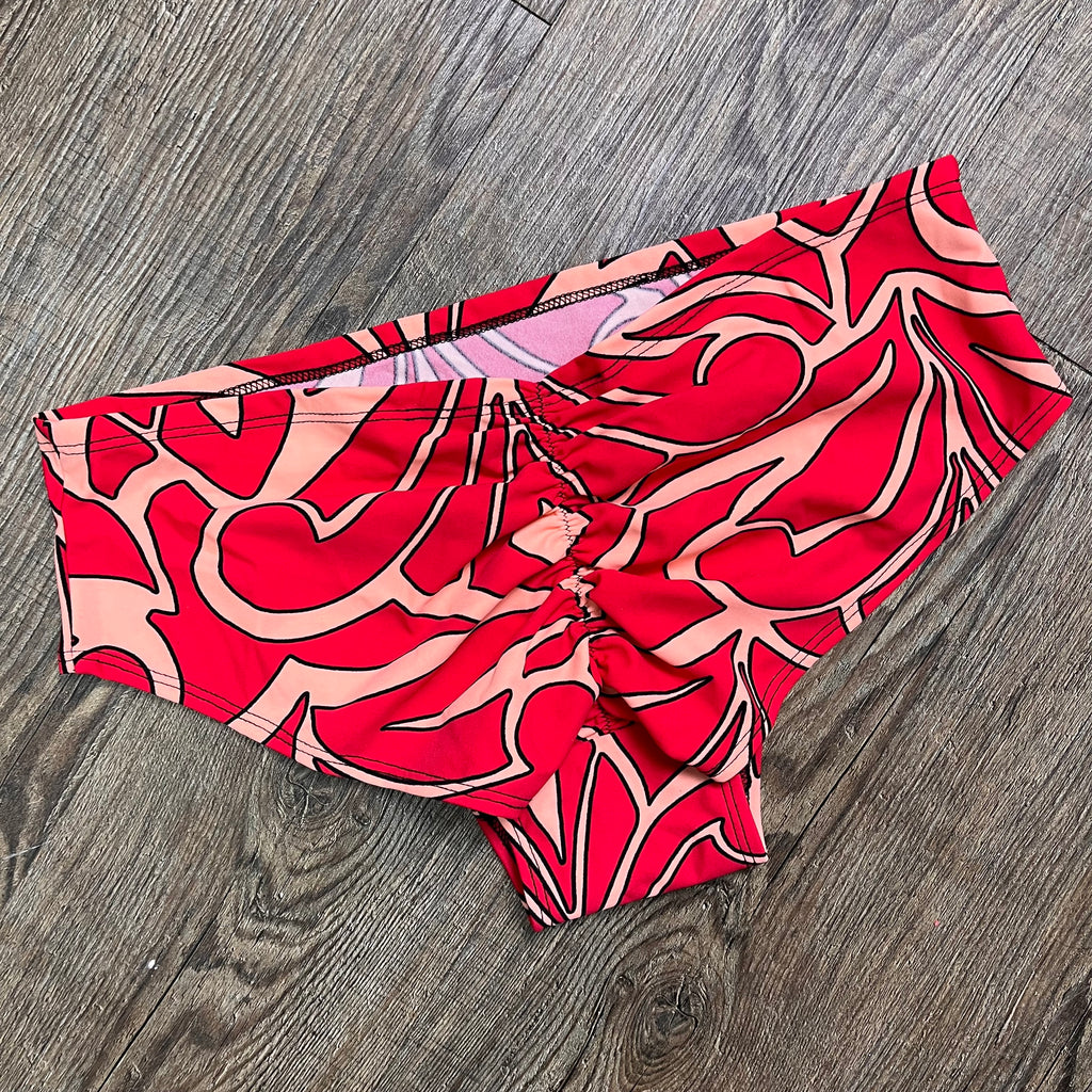 SALE - Low-Rise Scrunch Bikini Hot Pants - Red Peach Groovy - Peridot Clothing