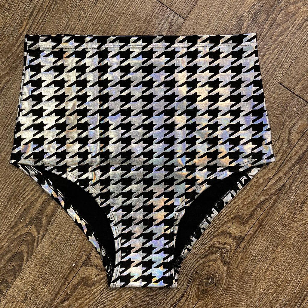 SALE - High Waist Hot Pants - Silver/Black Houndstooth Holographic - Peridot Clothing