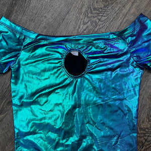 SALE - Full Length Cold Shoulder Keyhole Top - Oil Slick Holographic - Peridot Clothing