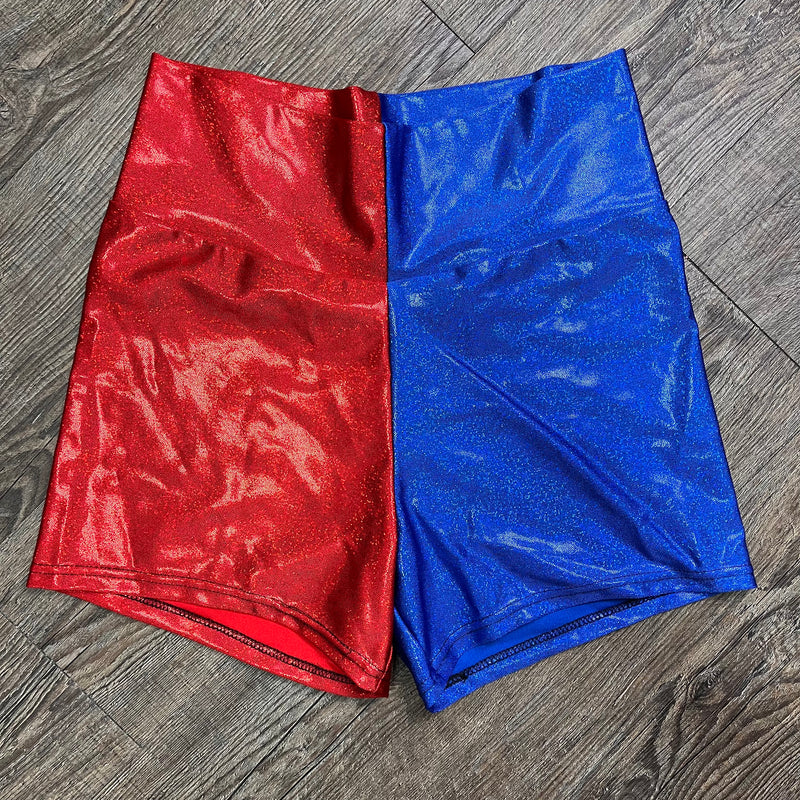 SALE - 3.5" Inseam High Waisted Booty Shorts - Harley Quinn Blue/Red Mystique - Peridot Clothing