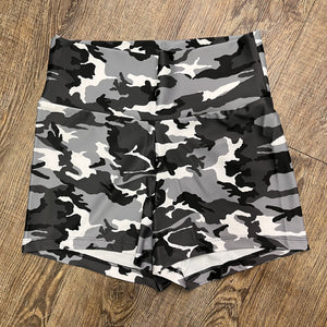 SALE - High Waisted Booty Shorts - Black & Gray Camo - Peridot Clothing