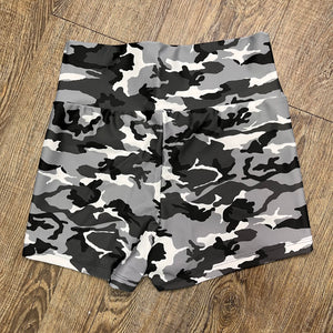 SALE - High Waisted Booty Shorts - Black & Gray Camo - Peridot Clothing