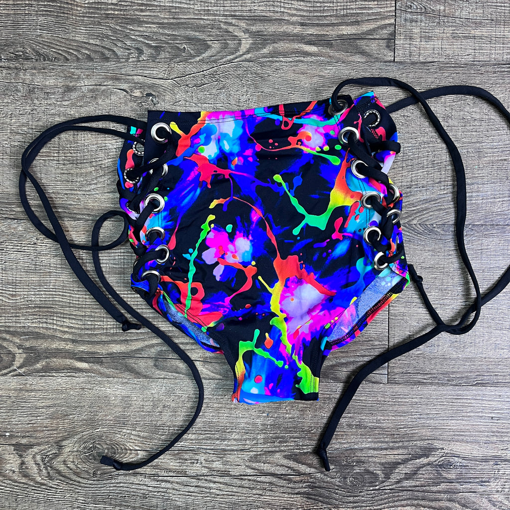 SALE - XSMALL - High Waist Lace-Up Scrunch Bikini - Neon Splatter - Peridot Clothing