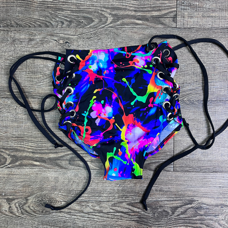 SALE - XSMALL - High Waist Lace-Up Scrunch Bikini - Neon Splatter - Peridot Clothing