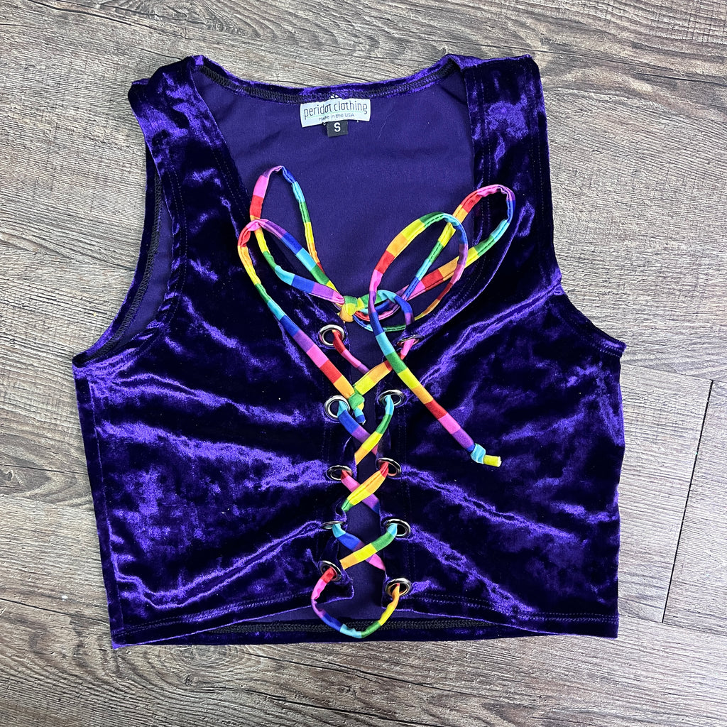 SALE - SMALL - Lace-Up Crop Top - Purple Crushed Velvet & Rainbow - Peridot Clothing