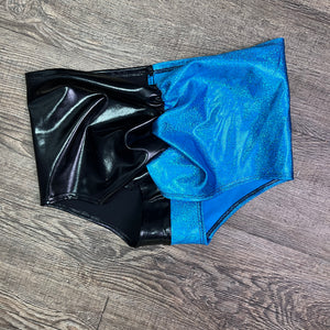 SALE - MEDIUM ONLY - High Waist Scrunch Bikini Hot Pants - 2-Toned Turquoise/Black - Peridot Clothing