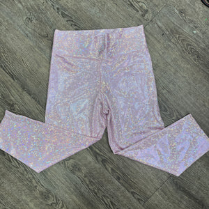 SALE - LARGE ONLY - Light Pink Shattered Glass Cropped Capri Leggings Pants - Peridot Clothing
