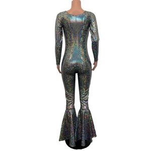 Bell Bottom Catsuit in Silver on Black Shattered Glass Holographic - Peridot Clothing