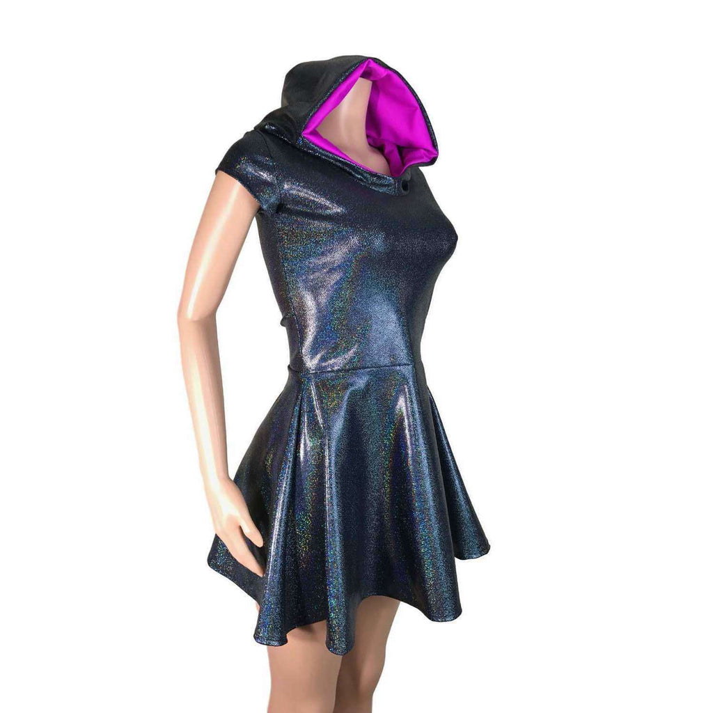Black Hologram Cap Sleeve Hoodie Skater Dress - Peridot Clothing