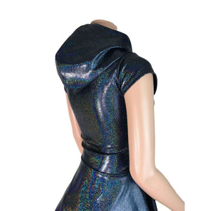 Black Hologram Cap Sleeve Hoodie Skater Dress - Peridot Clothing