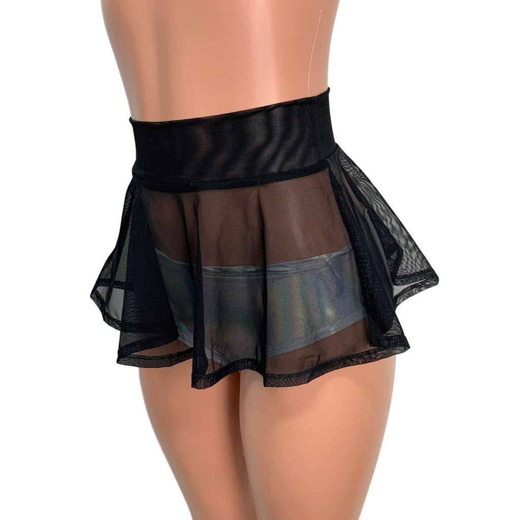 Black Mesh Super Mini 10" High Waisted Skater Skirt - Peridot Clothing