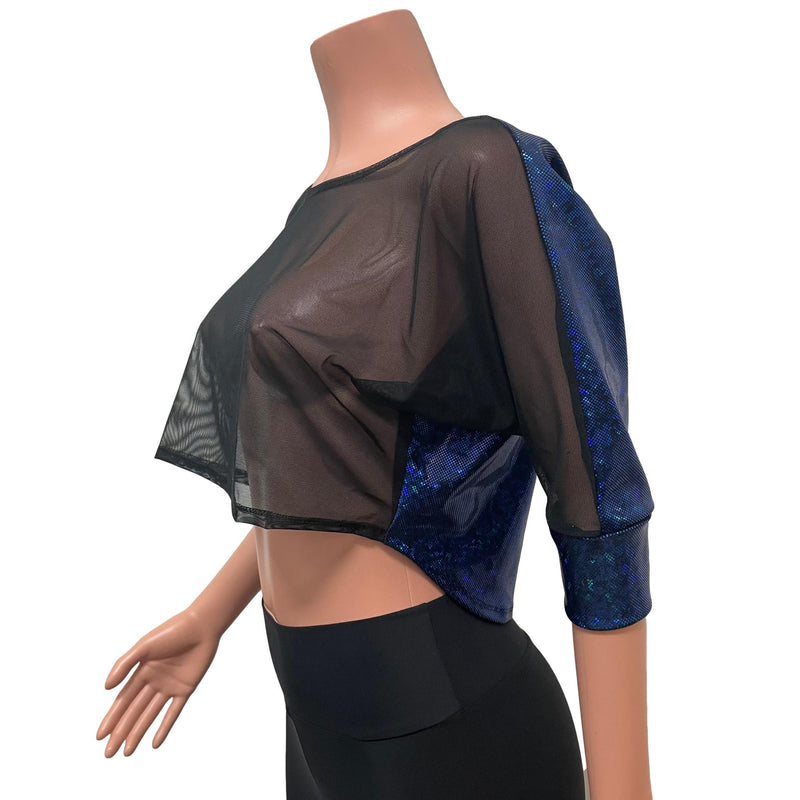 Dolman Crop Top Loose Tee in Black Mesh and Blue Holographic Shattered Glass - Peridot Clothing