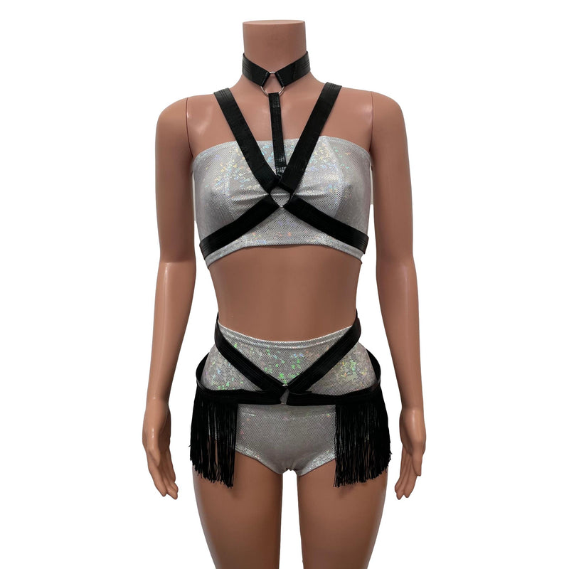 Fringe Harness Set in Black Metallic Faux Leather | Cage Bra Rave Body Harness Outfit w/ Fringe Skirt and Choker - Peridot Clothing