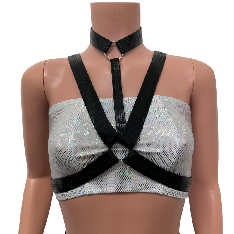Cage Bra Harness Top in Black Metallic Faux Leather | Rave Body Chest Harness w/ Choker - Peridot Clothing