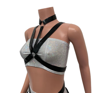 Cage Bra Harness Top in Black Metallic Faux Leather | Rave Body Chest Harness w/ Choker - Peridot Clothing
